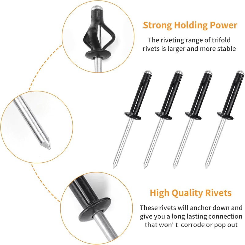 ALLCLEAN 3/16" x 5/8"-3/4"-1" Tri-Fold Rivets Assortment - 75Pcs,Black Tri-fold Exploding Pop Rivets Solid Aluminum Tri Grip Rivets Bulb Style Rivets for Kayak Marine Boat - Image 2